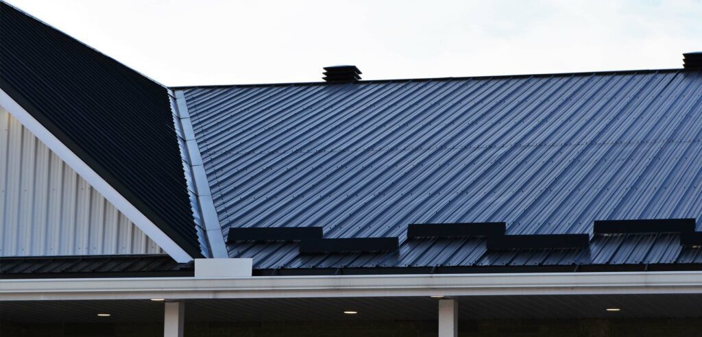 Dark metal roof on home.