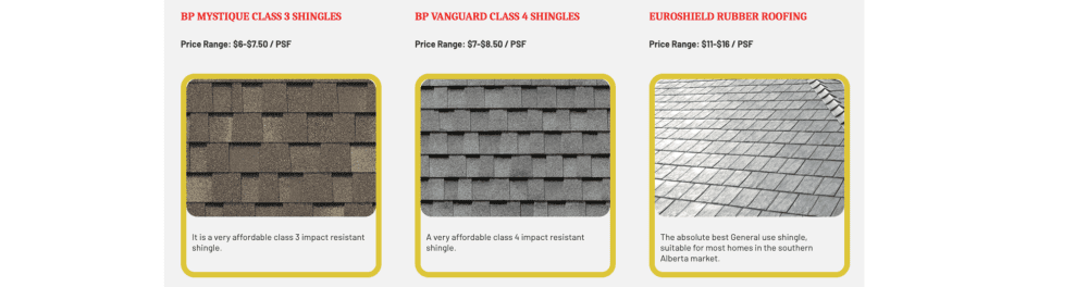 A three-panel imahe of our most popular material options. From left to right: BP Mystique Class 3 Shingles, BP Vanguard Class 4 Shingles and Euroshield Rubber Roofing.